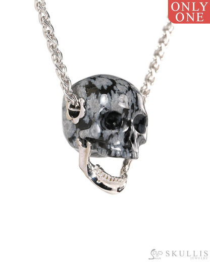 Gem Skull Pendant Necklace of Snowflake Obsidian Hand Carved Skull with Movable Jaw in 925 Sterling Silver - ZR19900146