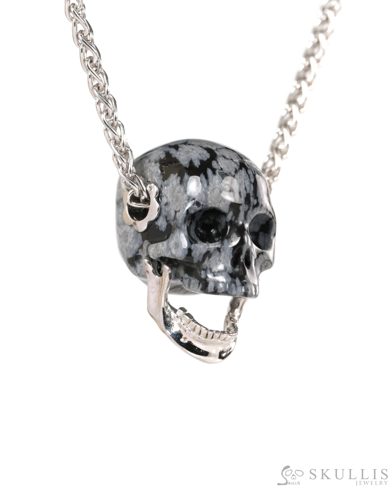 Gem Skull Pendant Necklace of Snowflake Obsidian Hand Carved Skull with Movable Jaw in 925 Sterling Silver - ZR19900146