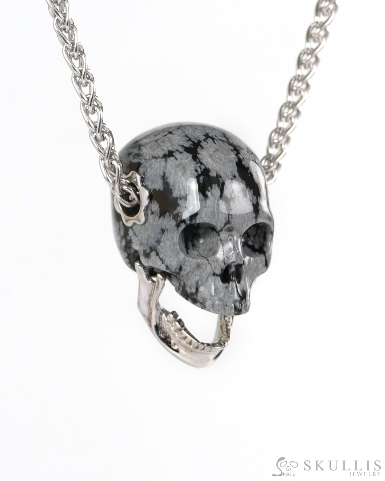 Gem Skull Pendant Necklace of Snowflake Obsidian Hand Carved Skull with Movable Jaw in 925 Sterling Silver - ZR19900270
