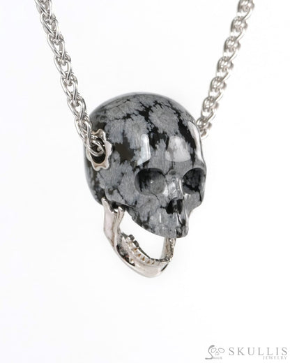 Gem Skull Pendant Necklace of Snowflake Obsidian Hand Carved Skull with Movable Jaw in 925 Sterling Silver - ZR19900270