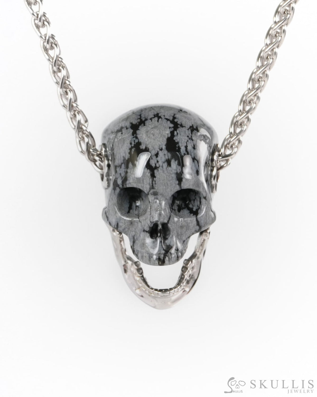 Gem Skull Pendant Necklace of Snowflake Obsidian Hand Carved Skull with Movable Jaw in 925 Sterling Silver - ZR19900270