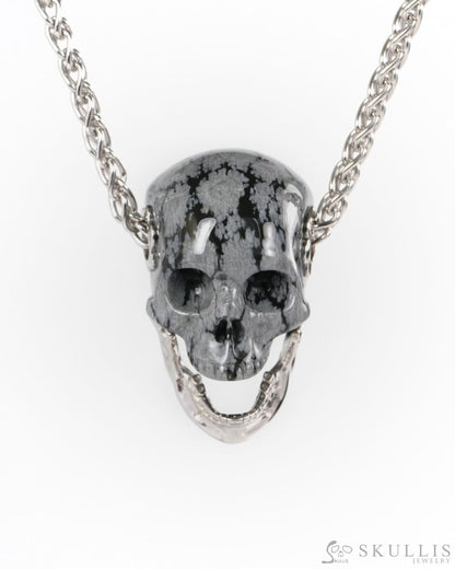 Gem Skull Pendant Necklace of Snowflake Obsidian Hand Carved Skull with Movable Jaw in 925 Sterling Silver - ZR19900270