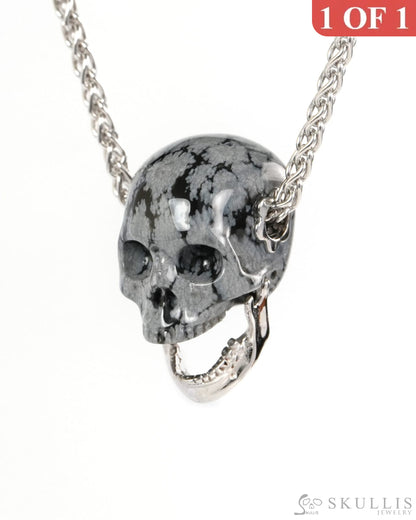 Gem Skull Pendant Necklace of Snowflake Obsidian Hand Carved Skull with Movable Jaw in 925 Sterling Silver - ZR19900270