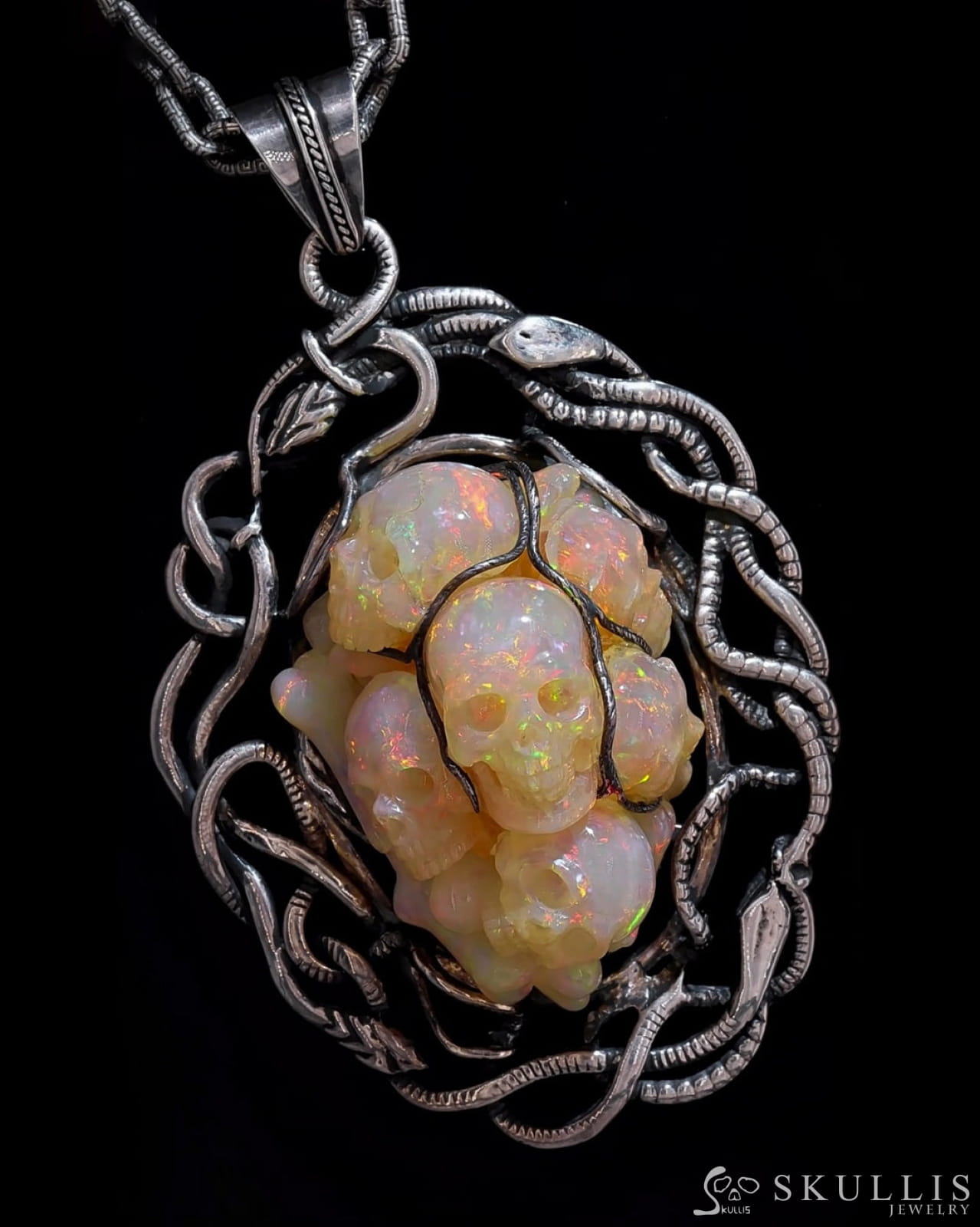 Gem Skull Pendant Necklace of South African Opal Hand Carved Skulls in Oxidized Sterling Silver -00001597 Skull Pendants