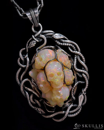 Gem Skull Pendant Necklace of South African Opal Hand Carved Skulls in Oxidized Sterling Silver -00001597 Skull Pendants