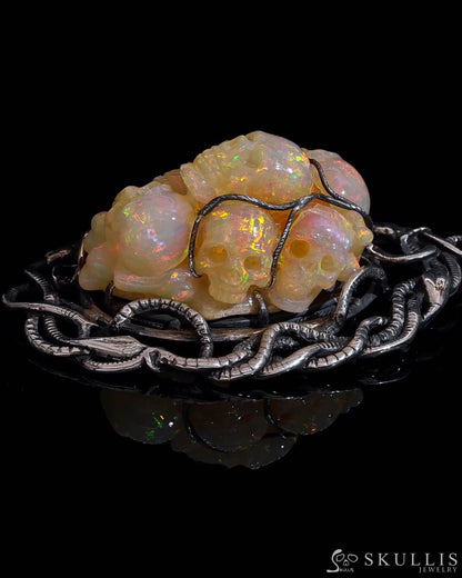 Gem Skull Pendant Necklace of South African Opal Hand Carved Skulls in Oxidized Sterling Silver -00001597 Skull Pendants