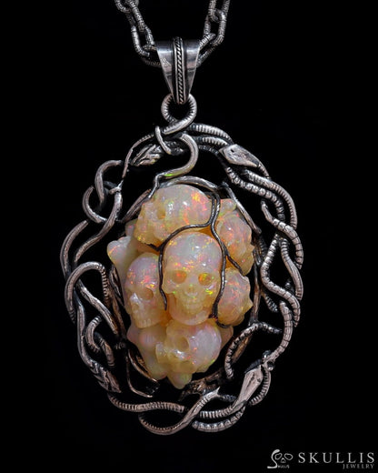 Gem Skull Pendant Necklace of South African Opal Hand Carved Skulls in Oxidized Sterling Silver -00001597