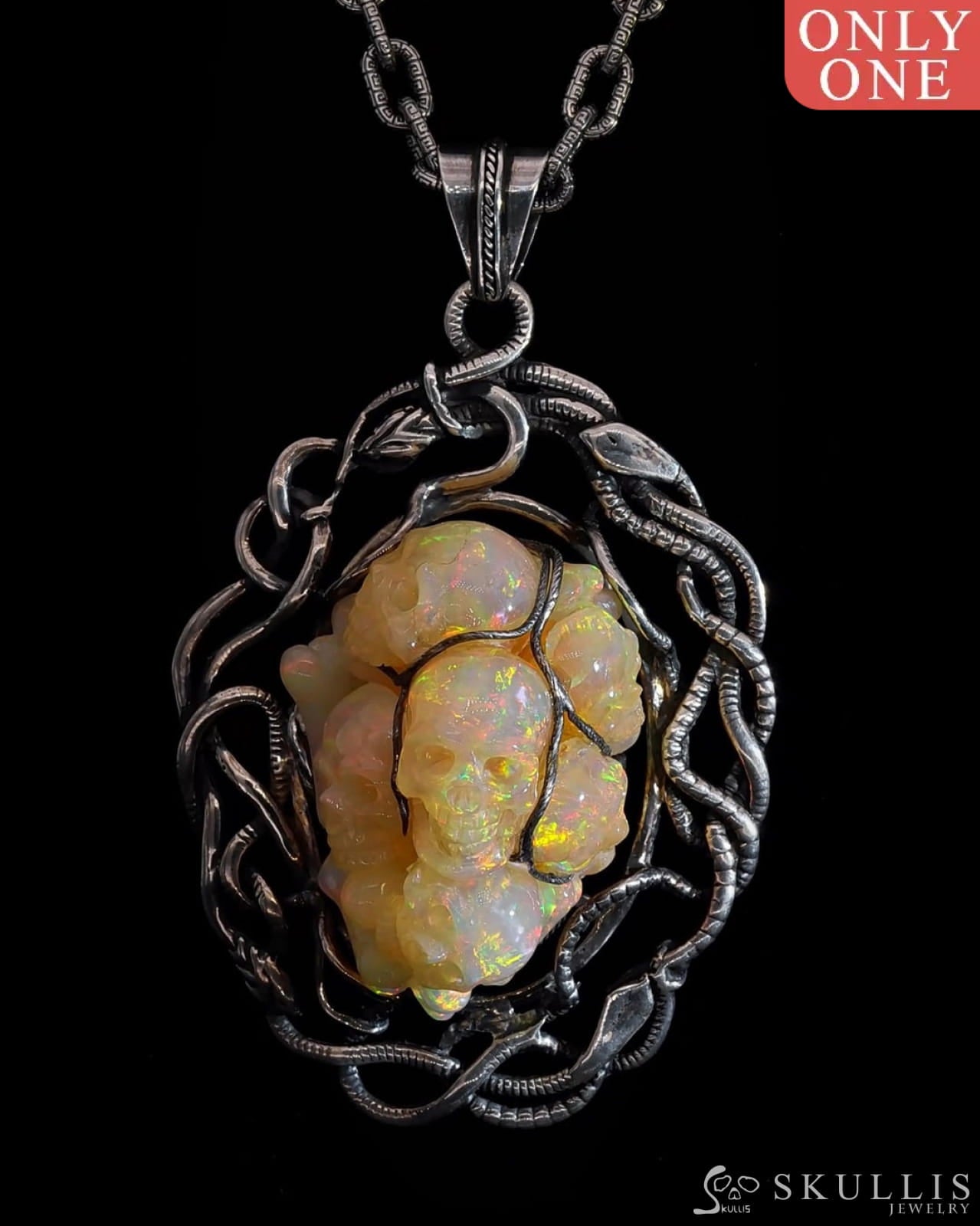 Gem Skull Pendant Necklace Of South African Opal Hand Carved Skulls In Oxidized Sterling