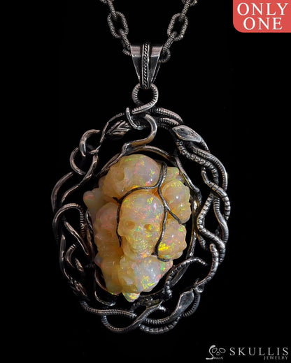 Gem Skull Pendant Necklace Of South African Opal Hand Carved Skulls In Oxidized Sterling