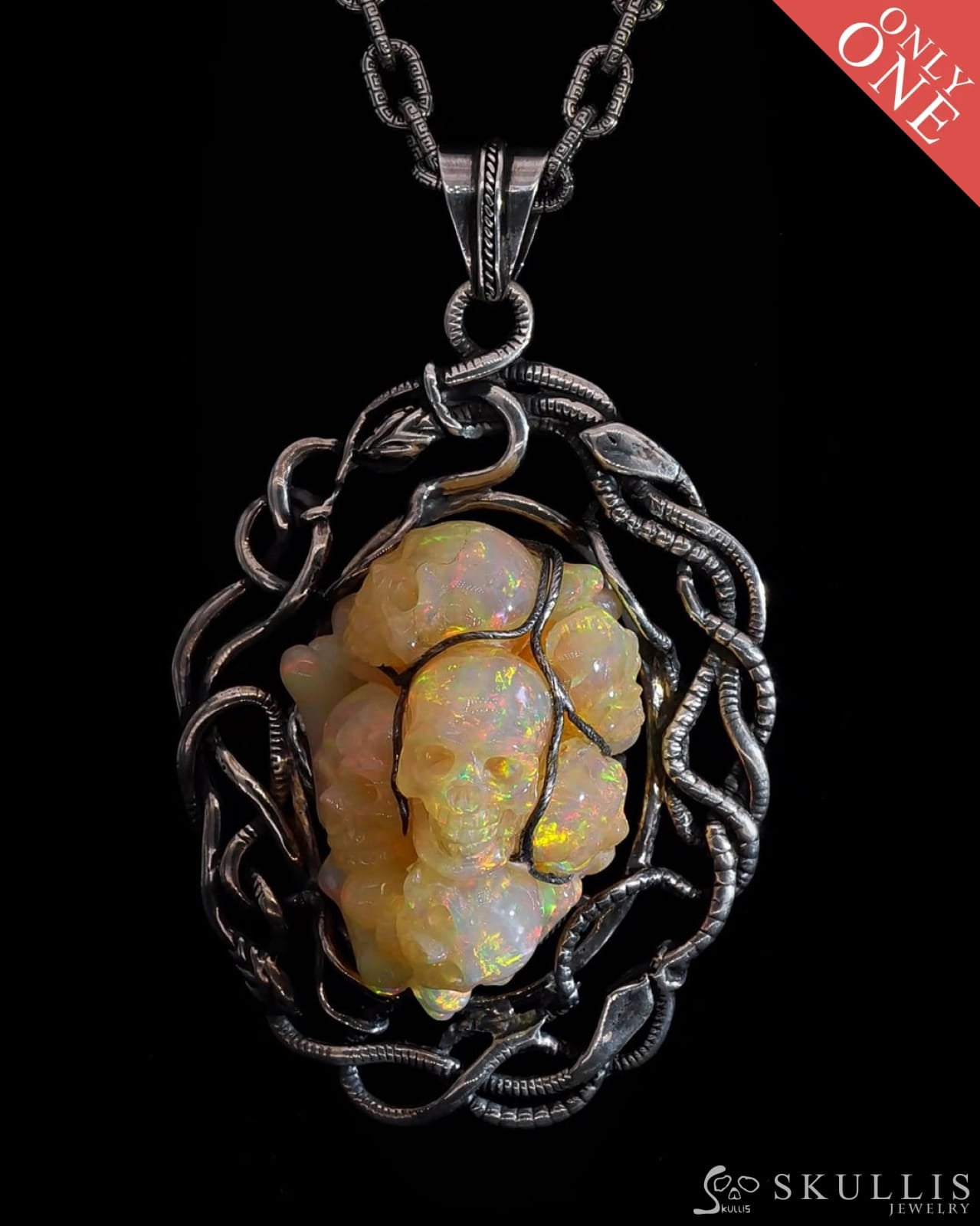 Gem Skull Pendant Necklace Of South African Opal Hand Carved Skulls In Oxidized Sterling