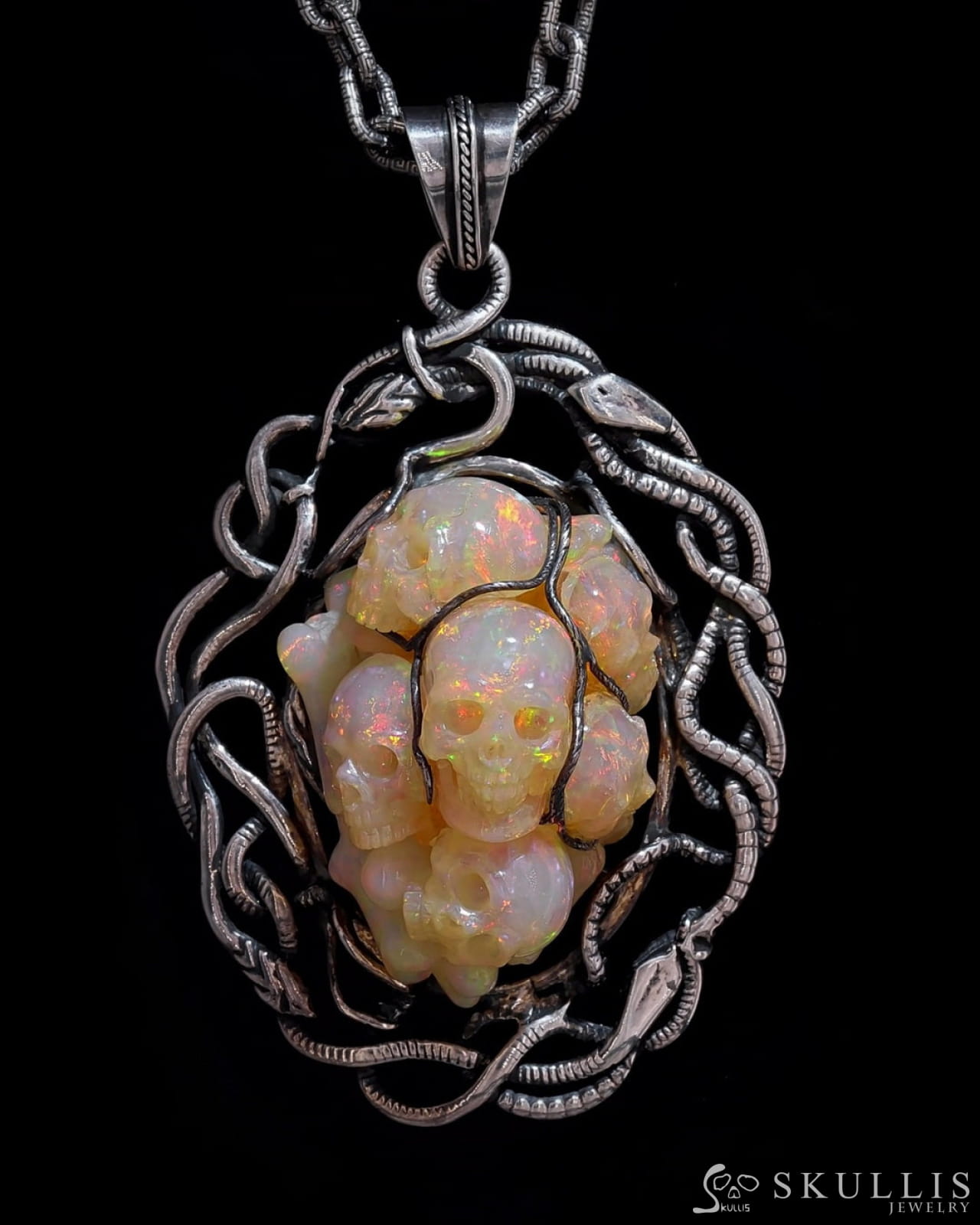 Gem Skull Pendant Necklace of South African Opal Hand Carved Skulls in Oxidized Sterling Silver -00001597 Skull Pendants