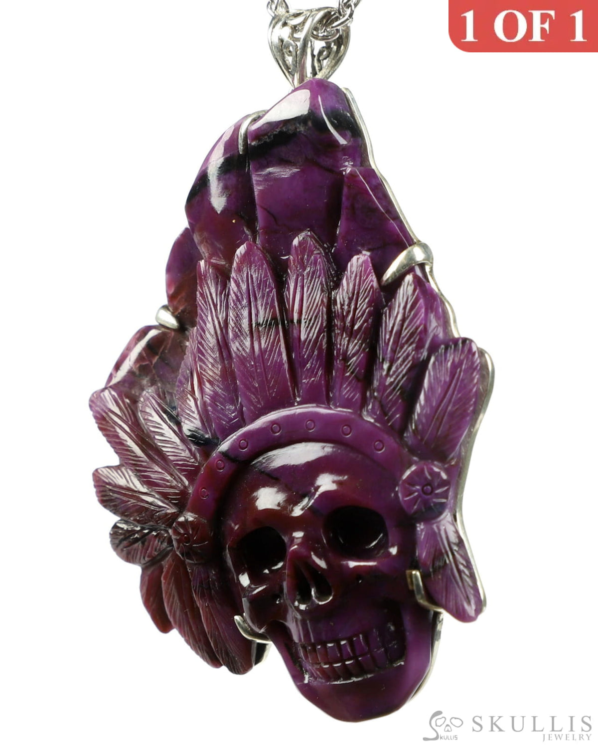Gem Skull Pendant Necklace Of Sugilite Crystal Indian Carved Skull With Loop In 925
