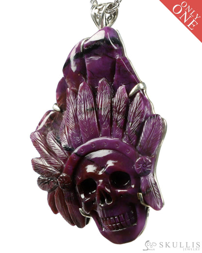 Gem Skull Pendant Necklace Of Sugilite Crystal Indian Carved Skull With Loop In 925