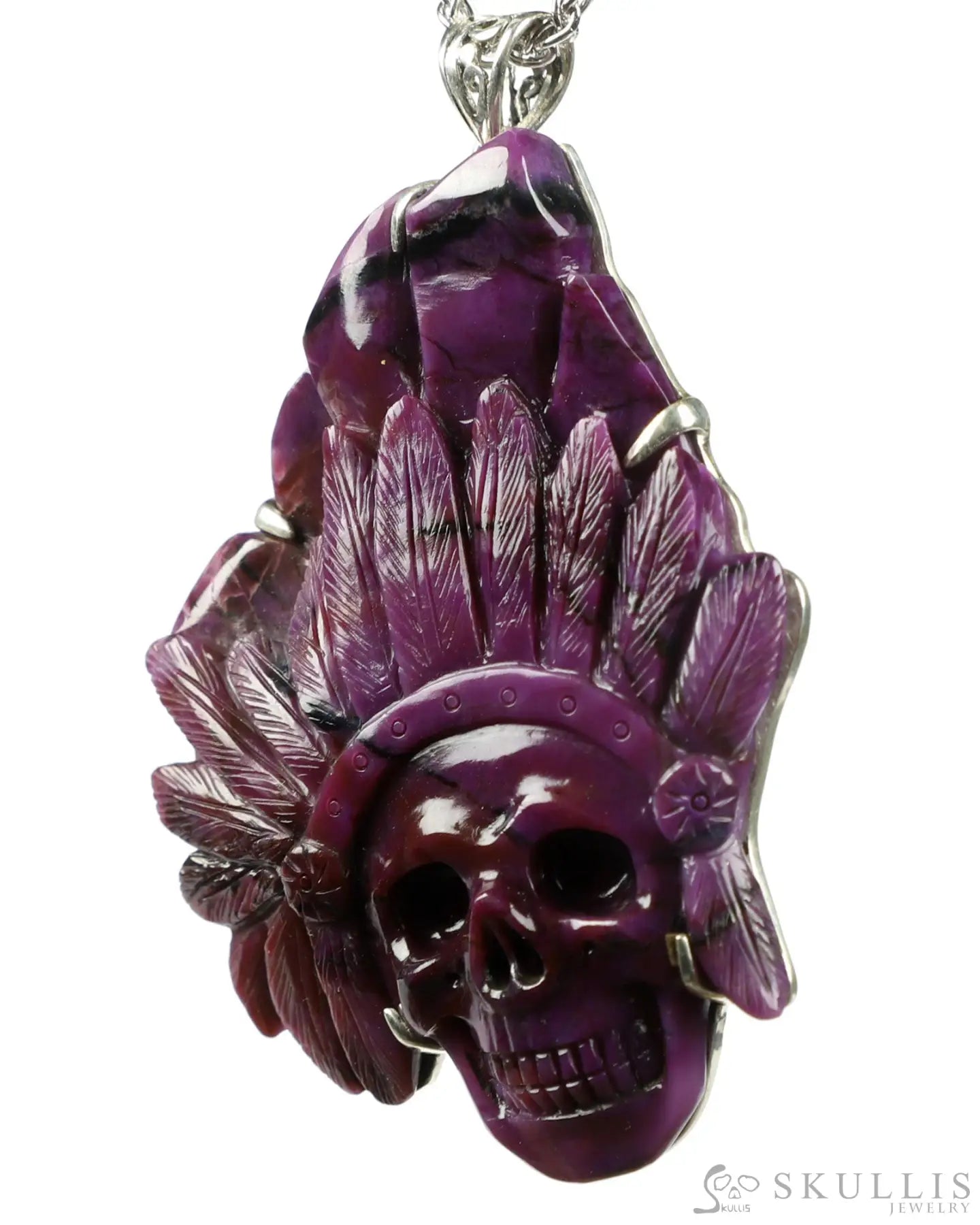 Gem Skull Pendant Necklace Of Sugilite Crystal Indian Carved Skull With Loop In 925