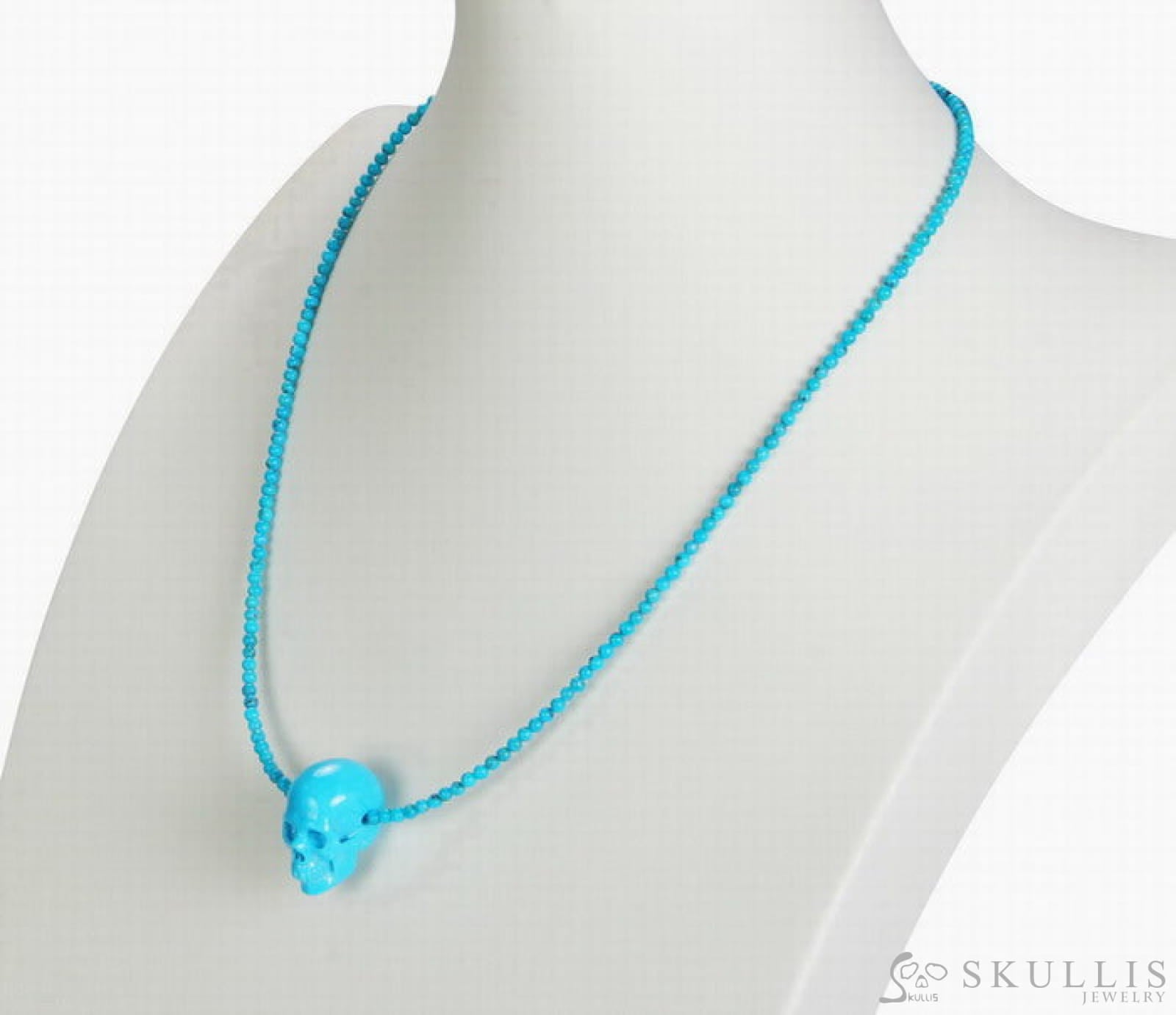 Gem Skull Pendant Necklace Of Turquoise Beads Carved Skull In 925 Silver Clasp Bail Skull Pendants