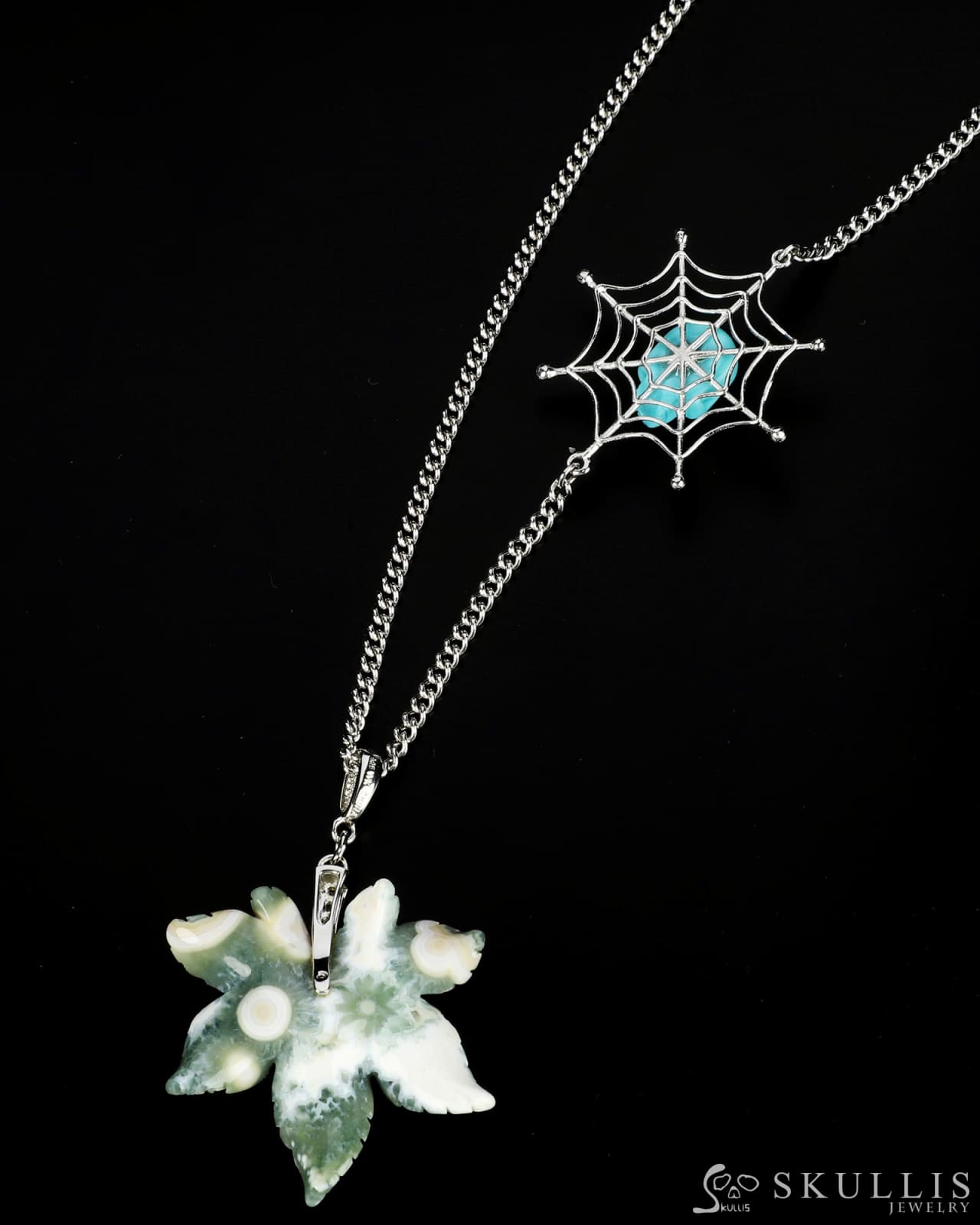 Gem Skull Pendant Necklace Of Turquoise Carved Skull With Ocean Jasper Leaf In Blackened