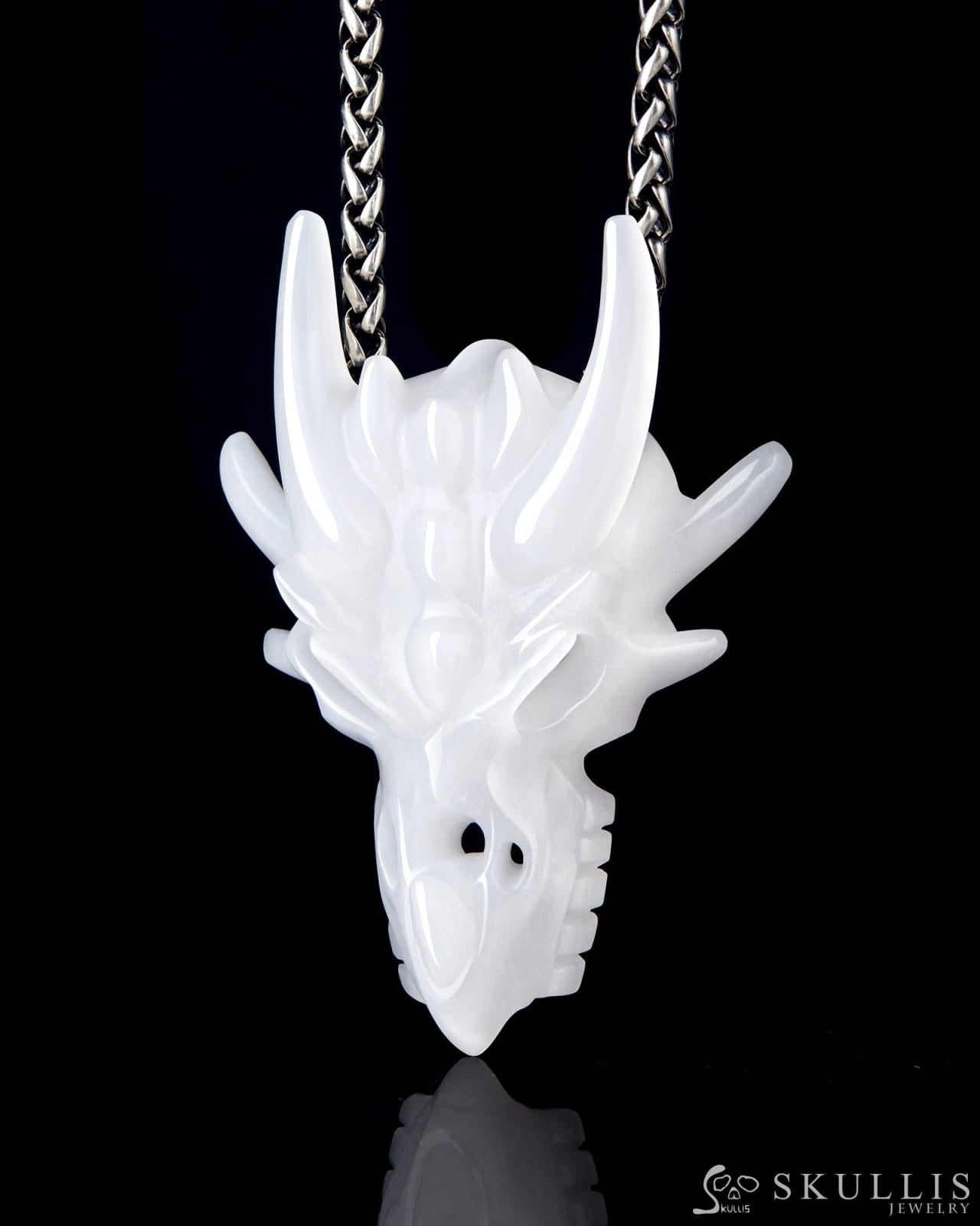 Gem Skull Pendant Necklace of White Jade Carved Dragon Skull Skull Pendants