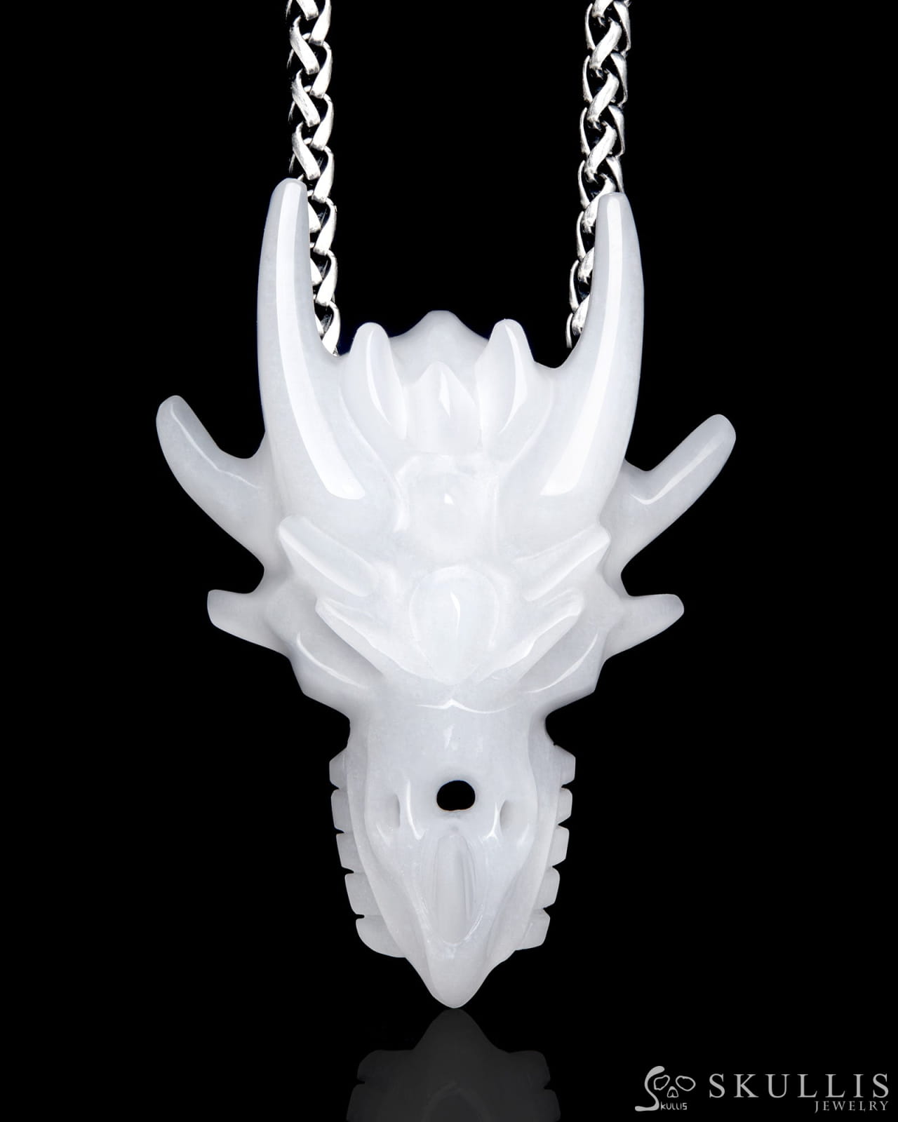 Gem Skull Pendant Necklace of White Jade Carved Dragon Skull Skull Pendants
