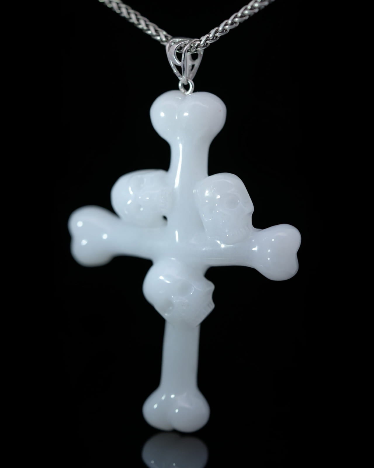 Skullis Signature White Jade Gem Skull Pendant Or Necklace Hand Carved Sterling Silver 925 Chain