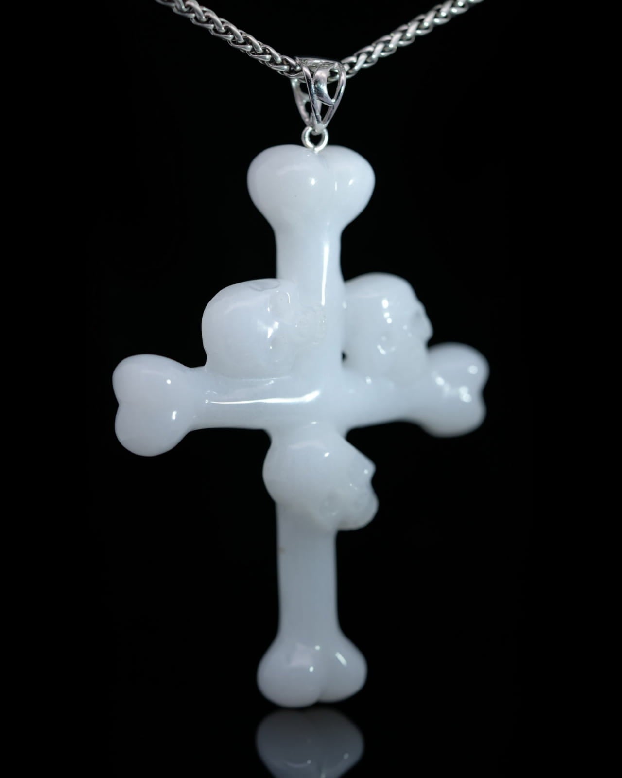 Skullis Signature White Jade Gem Skull Pendant Or Necklace Hand Carved Sterling Silver 925 Chain