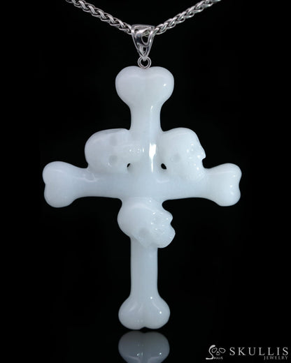 Skullis Signature White Jade Gem Skull Pendant Or Necklace Hand Carved Sterling Silver 925 Chain