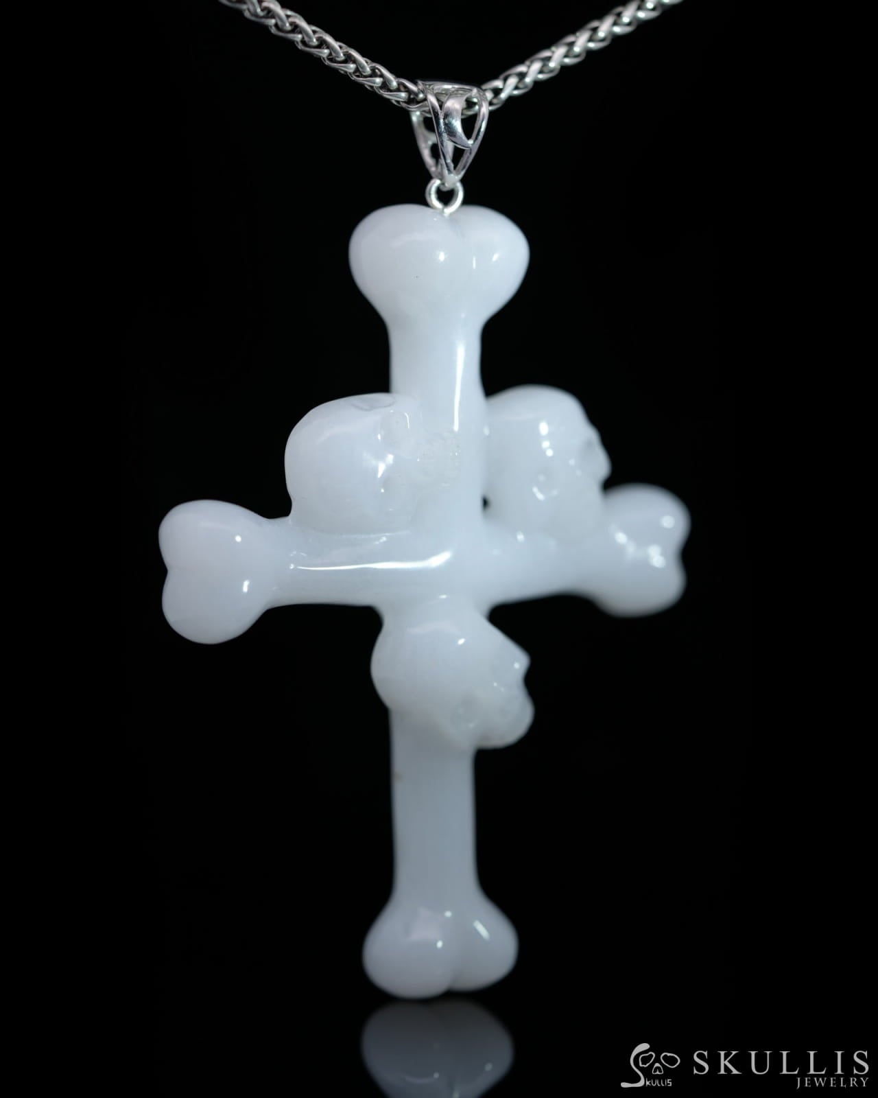 Skullis Signature White Jade Gem Skull Pendant Or Necklace Hand Carved Sterling Silver 925 Chain