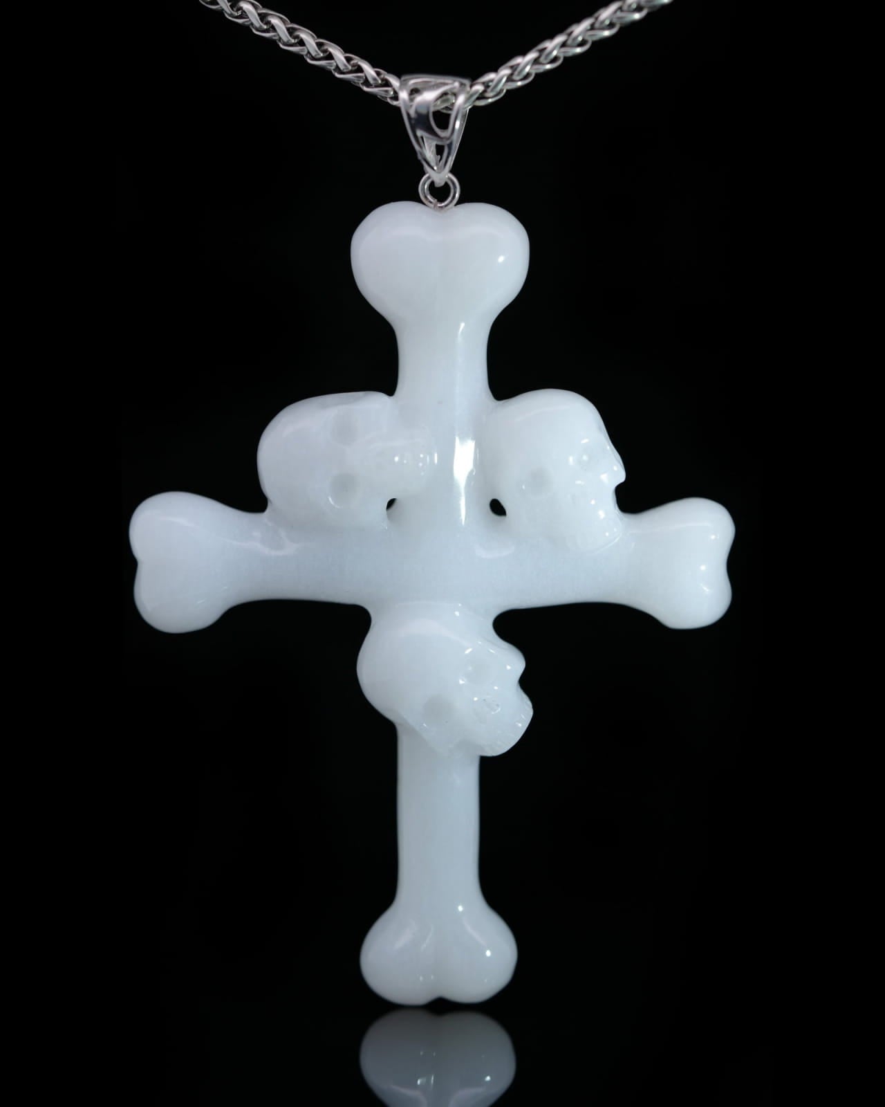 Skullis Signature White Jade Gem Skull Pendant Or Necklace Hand Carved Sterling Silver 925 Chain