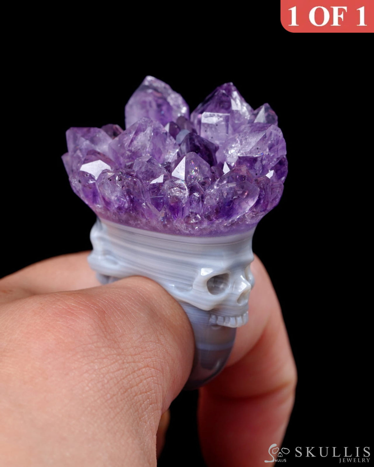 Gem Skull Ring of Amethyst & Agate Carved Skull in 925 Sterling Silver US size 10.5- 0500061 Skull Rings