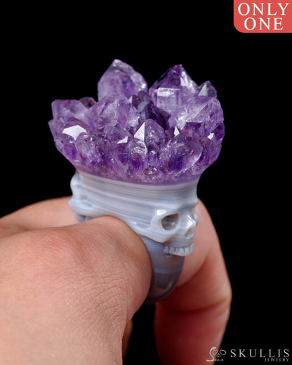 Gem Skull Ring of Amethyst & Agate Carved Skull in 925 Sterling Silver US size 10.5- 0500061 Skull Rings