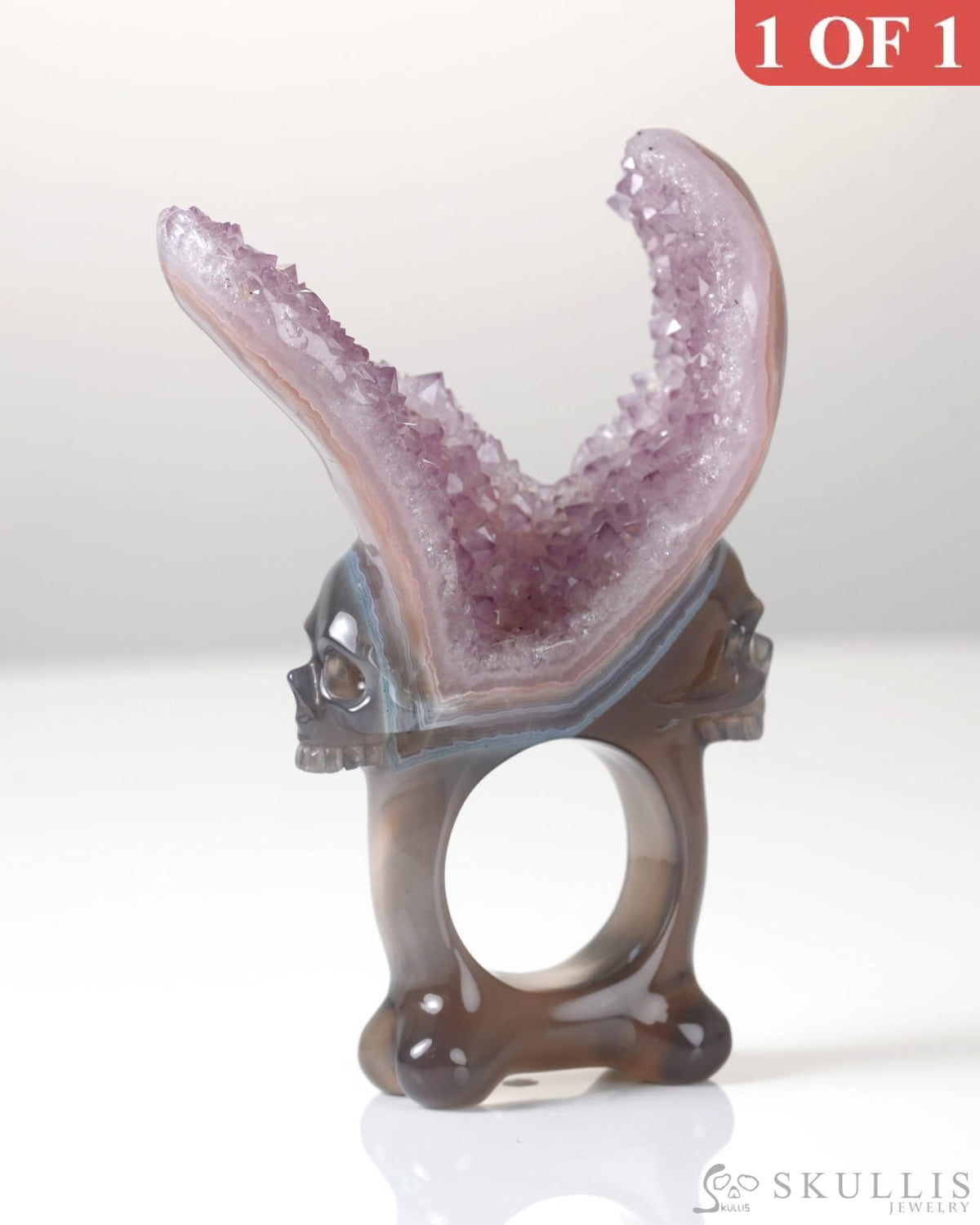 Gem Skull Ring of Agate Amethyst Druse Carved Totally US size 10 - 0800064 Skull Rings