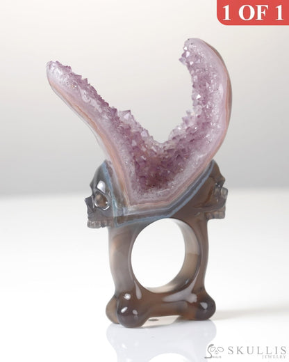 Gem Skull Ring of Agate Amethyst Druse Carved Totally US size 10 - 0800064 Skull Rings