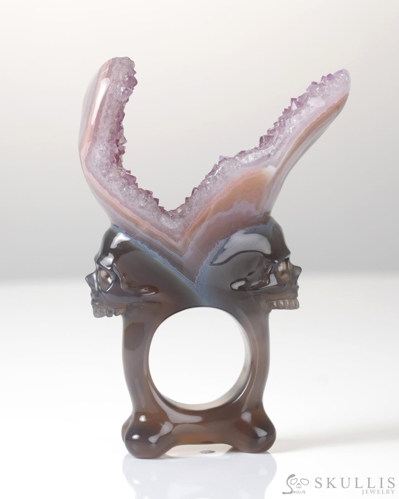 Gem Skull Ring of Agate Amethyst Druse Carved Totally US size 10 - 0800064 Skull Rings