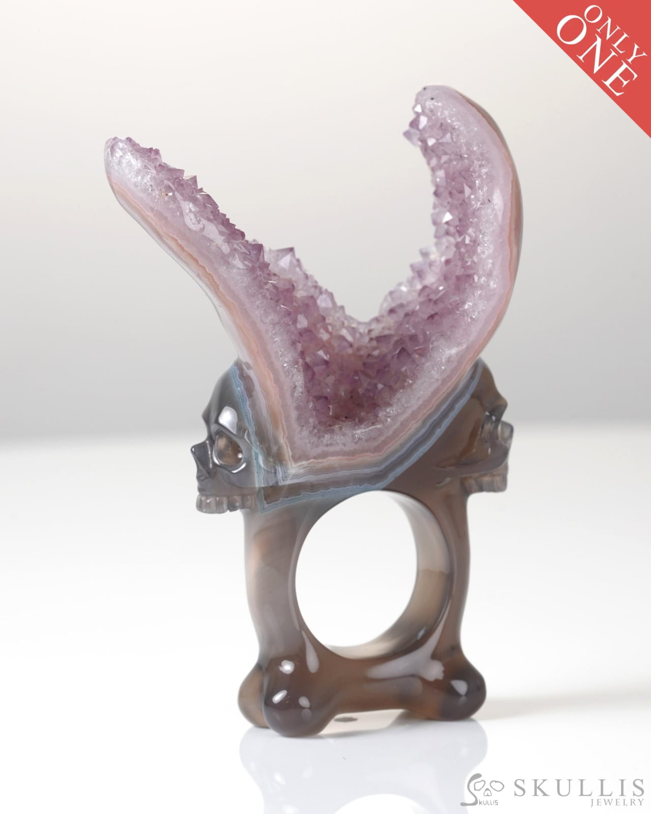 Gem Skull Ring of Agate Amethyst Druse Carved Totally US size 10 - 0800064 Skull Rings
