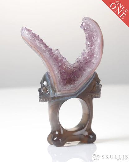 Gem Skull Ring of Agate Amethyst Druse Carved Totally US size 10 - 0800064 Skull Rings