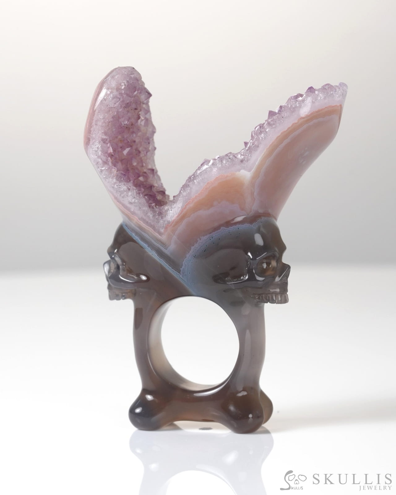 Gem Skull Ring of Agate Amethyst Druse Carved Totally US size 10 - 0800064 Skull Rings