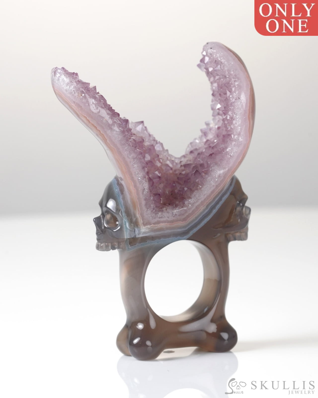 Gem Skull Ring of Agate Amethyst Druse Carved Totally US size 10 - 0800064 Skull Rings