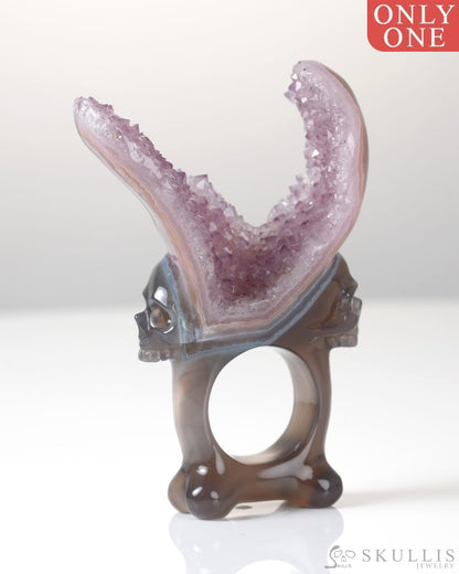 Gem Skull Ring of Agate Amethyst Druse Carved Totally US size 10 - 0800064 Skull Rings