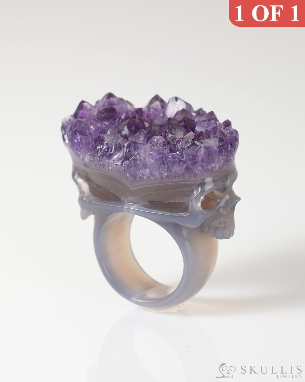 Gem Skull Ring of Amethyst & Agate Carved Skull in 925 Sterling Silver US size 10- 0800066 Skull Rings