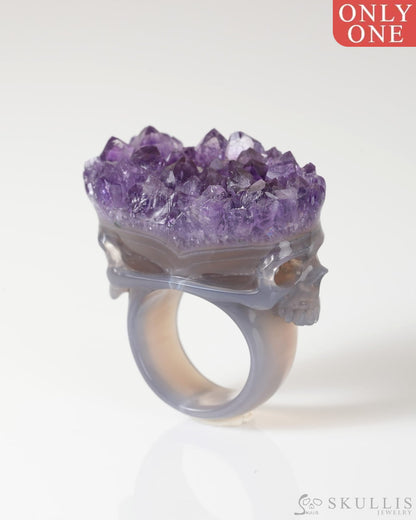 Gem Skull Ring of Amethyst & Agate Carved Skull in 925 Sterling Silver US size 10- 0800066 Skull Rings
