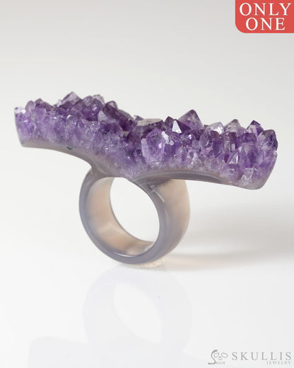 Gem Skull Ring of Amethyst & Agate Carved Skull in 925 Sterling Silver US size 10- 9800308 Skull Rings