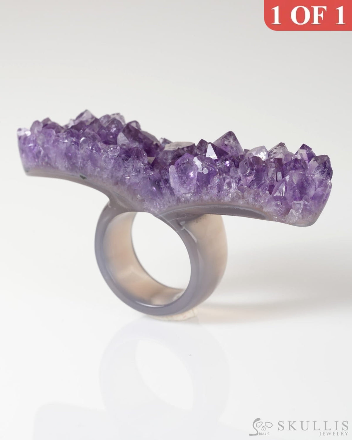 Gem Skull Ring of Amethyst & Agate Carved Skull in 925 Sterling Silver US size 10- 9800308 Skull Rings