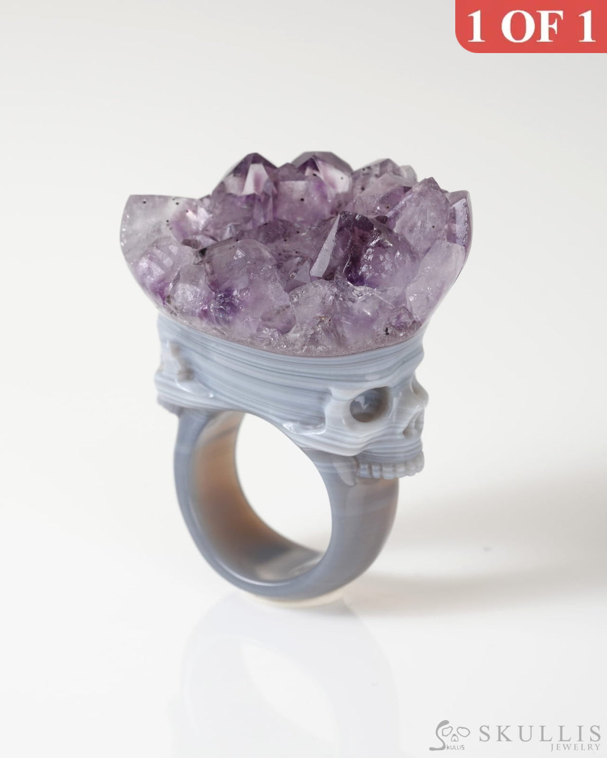 Gem Skull Ring of Amethyst & Agate Carved Skull US size 8.5- 0800067 Skull Rings