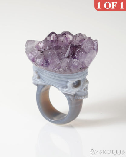 Gem Skull Ring of Amethyst & Agate Carved Skull US size 8.5- 0800067 Skull Rings
