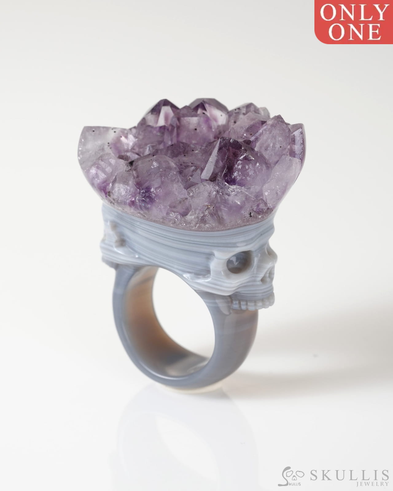Gem Skull Ring of Amethyst & Agate Carved Skull US size 8.5- 0800067 Skull Rings