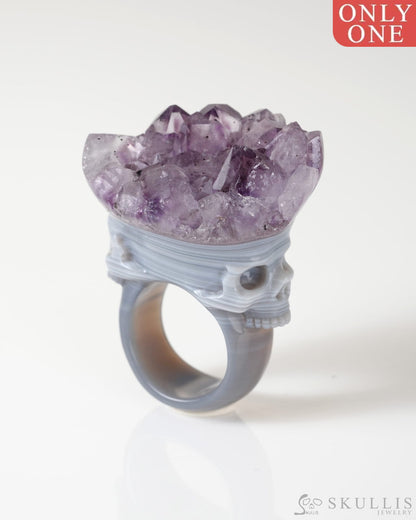 Gem Skull Ring of Amethyst & Agate Carved Skull US size 8.5- 0800067 Skull Rings