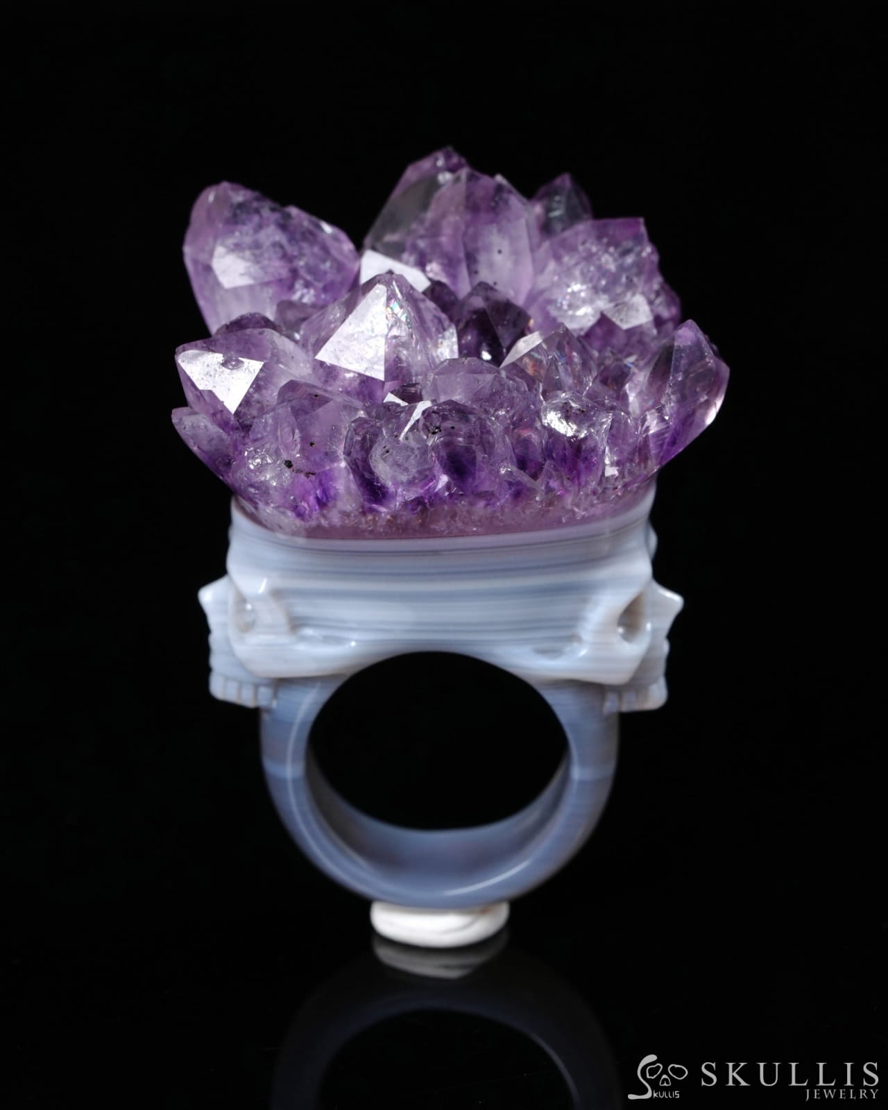 Gem Skull Ring of Amethyst & Agate Carved Skull in 925 Sterling Silver US size 10.5- 0500061 Skull Rings