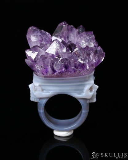 Gem Skull Ring of Amethyst & Agate Carved Skull in 925 Sterling Silver US size 10.5- 0500061 Skull Rings