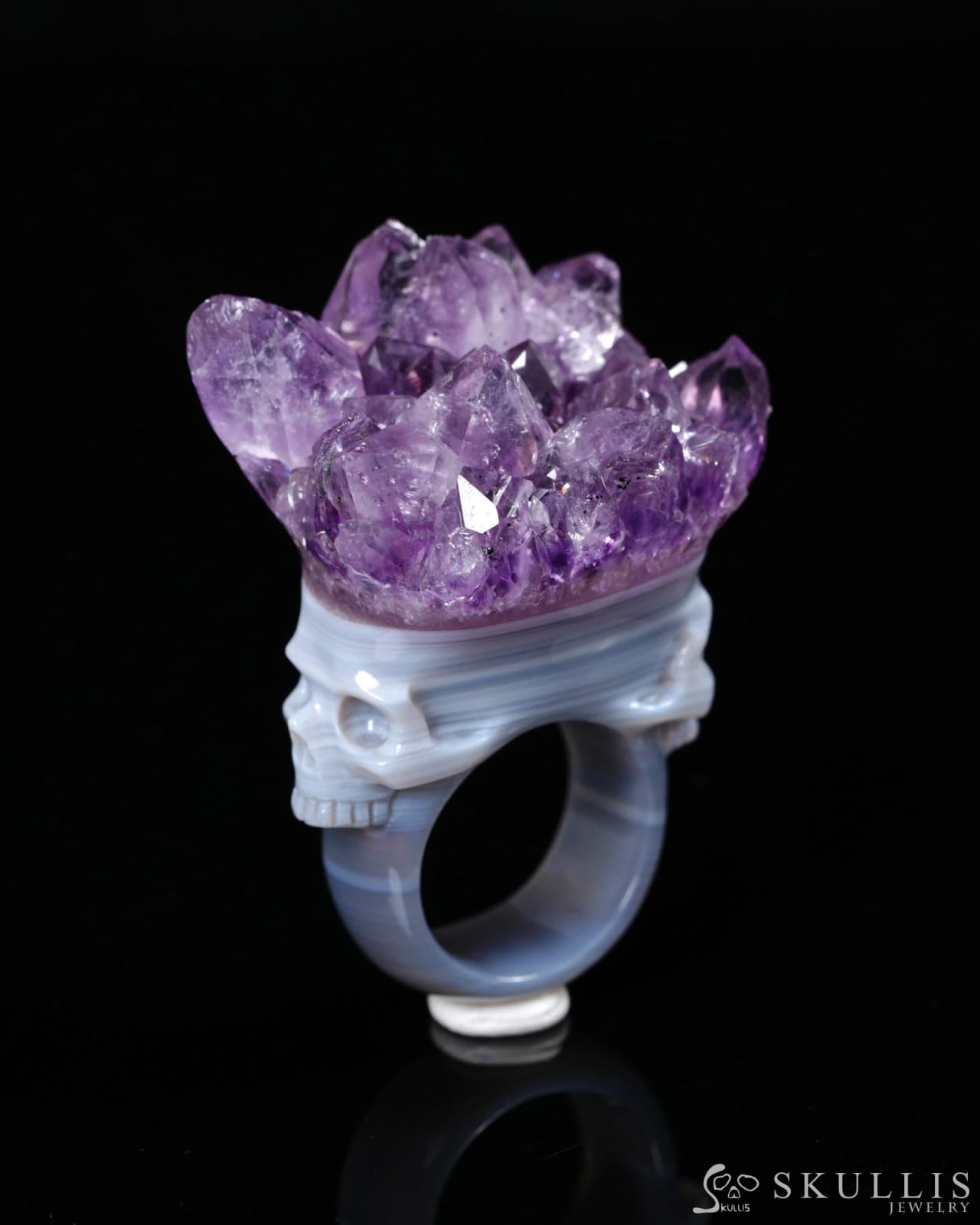 Gem Skull Ring of Amethyst & Agate Carved Skull in 925 Sterling Silver US size 10.5- 0500061 Skull Rings