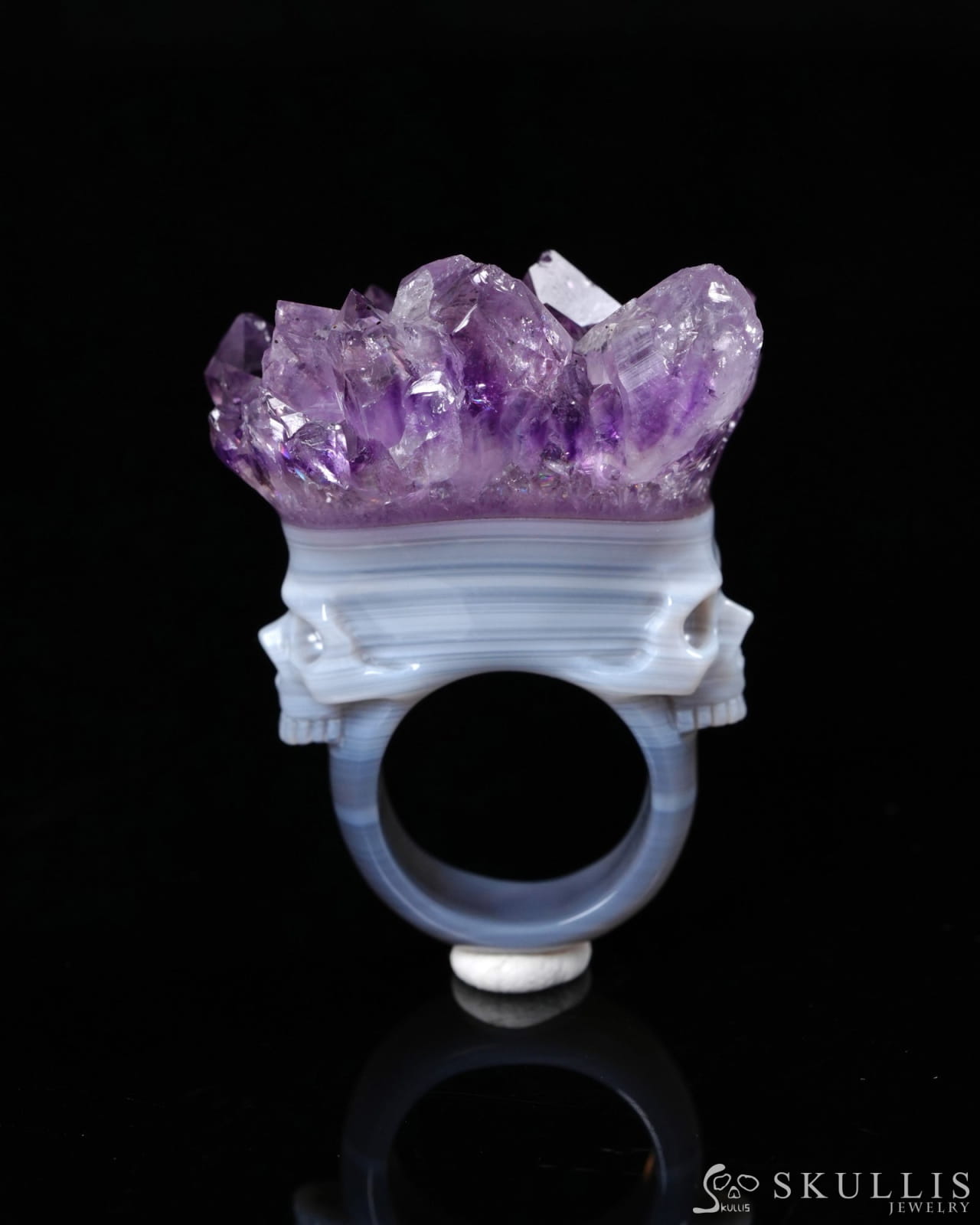 Gem Skull Ring of Amethyst & Agate Carved Skull in 925 Sterling Silver US size 10.5- 0500061 Skull Rings