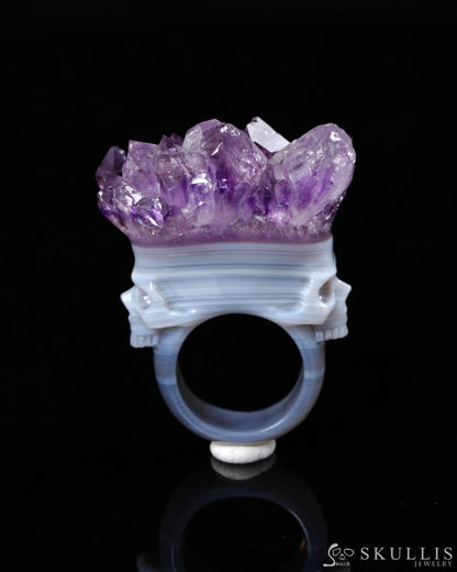 Gem Skull Ring of Amethyst & Agate Carved Skull in 925 Sterling Silver US size 10.5- 0500061 Skull Rings